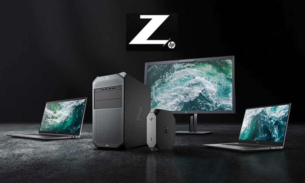 Eine HP Z Workstation mit einem Monitor. Daneben zwei HP Z-Books.